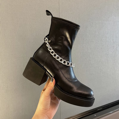 Thick Heel Genuine Leather Ankle Boots with Chain / Women's Round Toe Boots