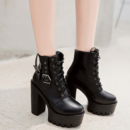 Thick High Heels Ankle Gothic Boots / Female Black Lace-up Short Boots with Buckle