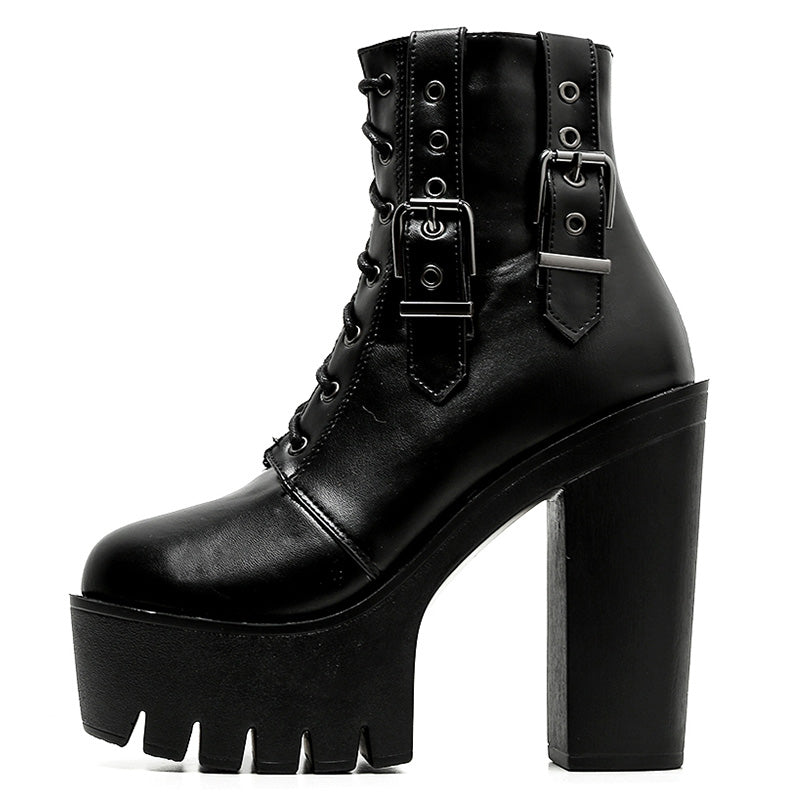 Thick High Heels Ankle Gothic Boots / Female Black Lace-up Short Boots with Buckle