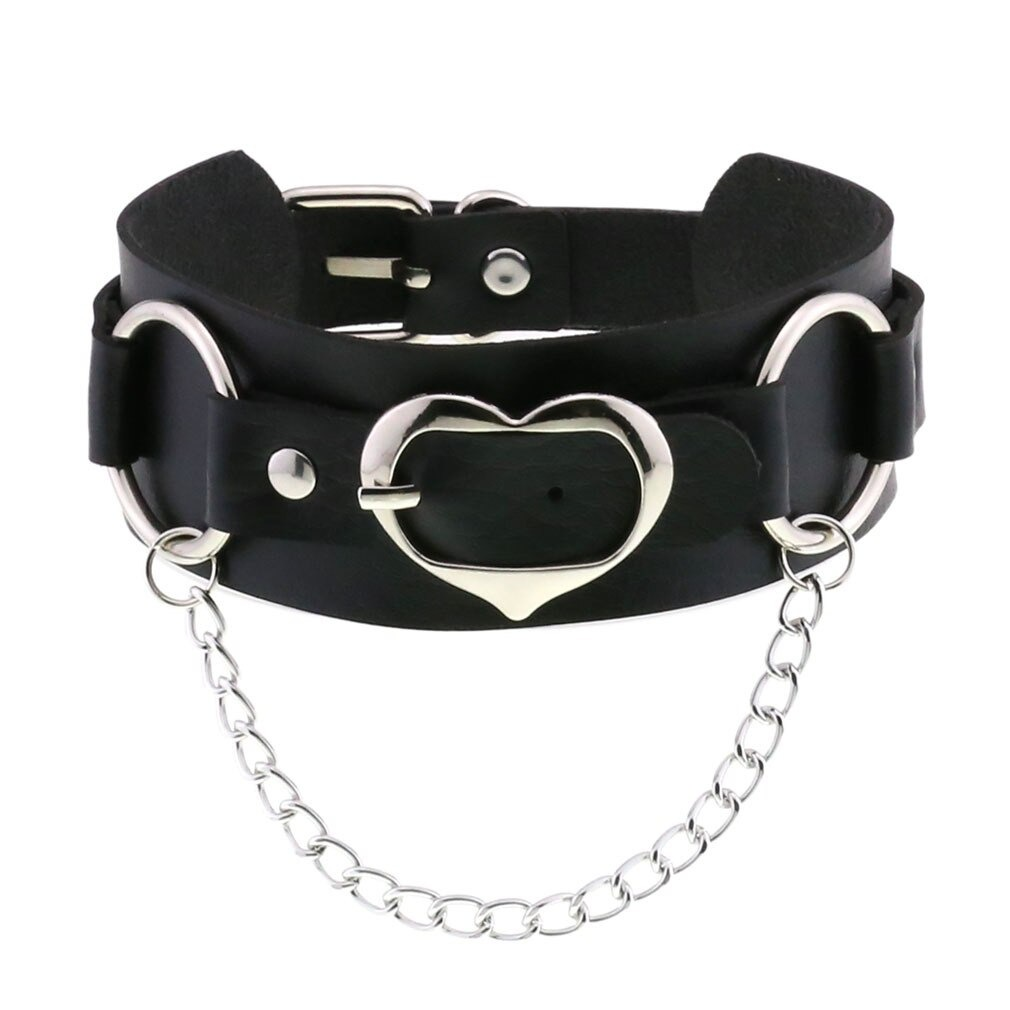 Unisex Choker Of PU Leather / Gothic Accessories Of Heart Shape Metal Chain