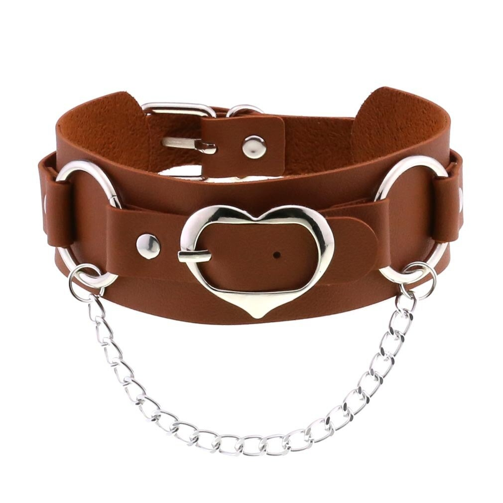 Unisex Choker Of PU Leather / Gothic Accessories Of Heart Shape Metal Chain