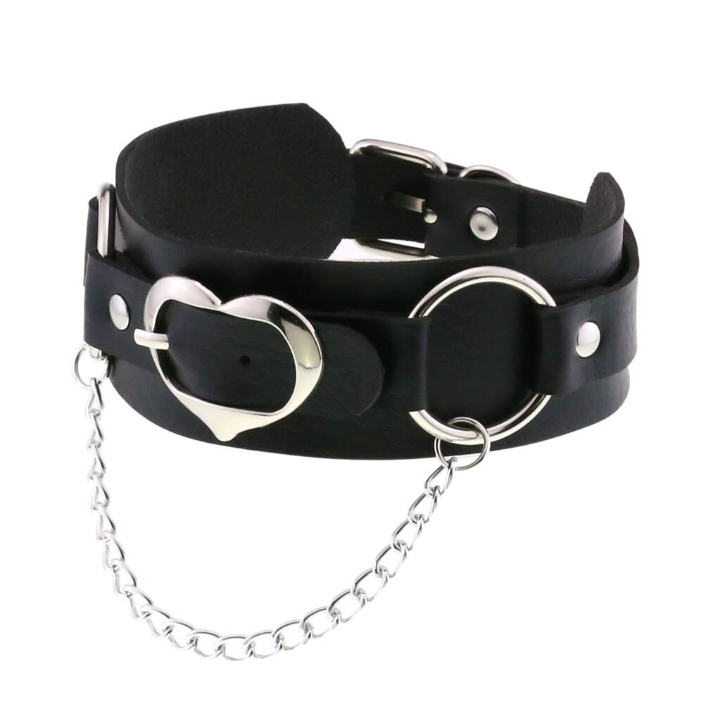 Unisex Choker Of PU Leather / Gothic Accessories Of Heart Shape Metal Chain