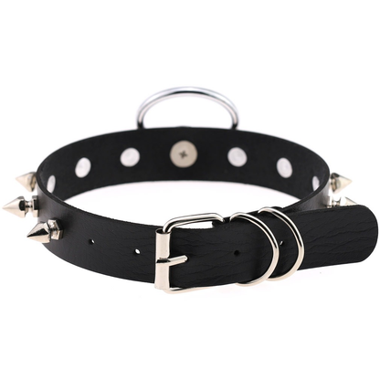 Unisex PU Leather Punk Choker With Metal Spikes And Ring / Adjustable Necklace / Studded Jewelry