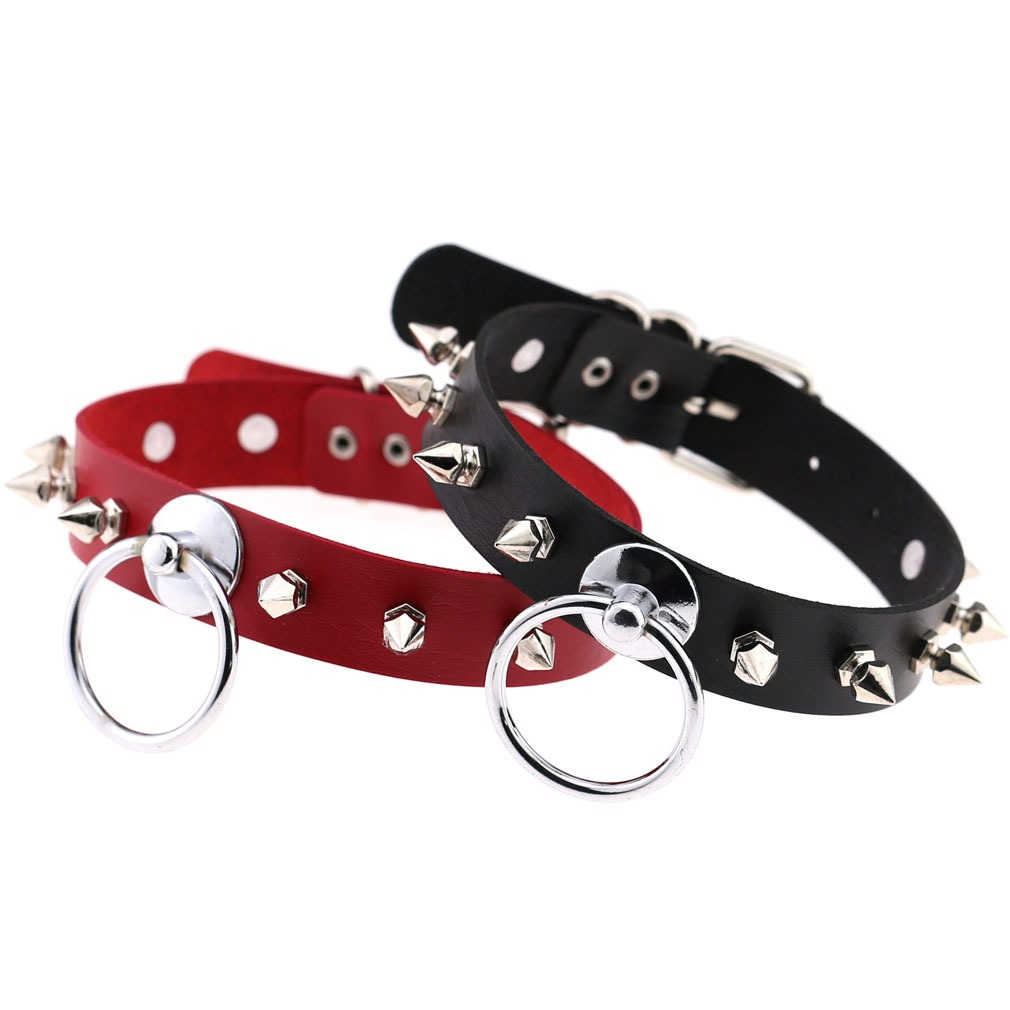 Unisex PU Leather Punk Choker With Metal Spikes And Ring / Adjustable Necklace / Studded Jewelry