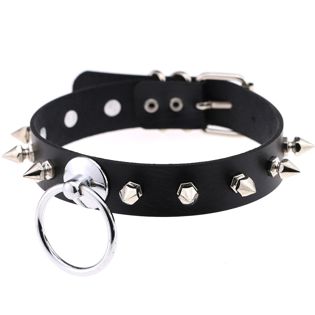 Unisex PU Leather Punk Choker With Metal Spikes And Ring / Adjustable Necklace / Studded Jewelry