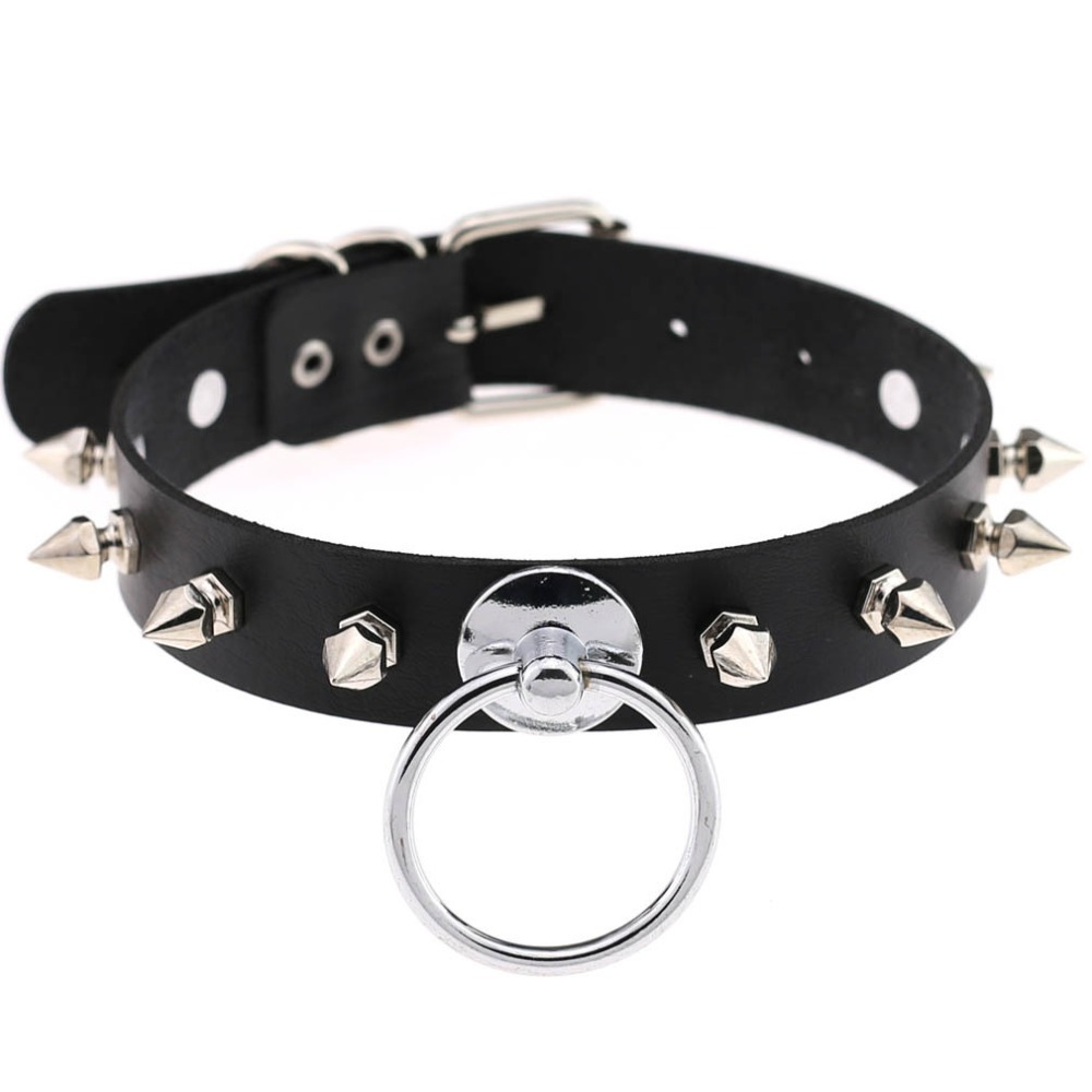 Unisex PU Leather Punk Choker With Metal Spikes And Ring / Adjustable Necklace / Studded Jewelry