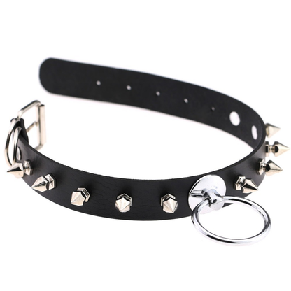 Unisex PU Leather Punk Choker With Metal Spikes And Ring / Adjustable Necklace / Studded Jewelry