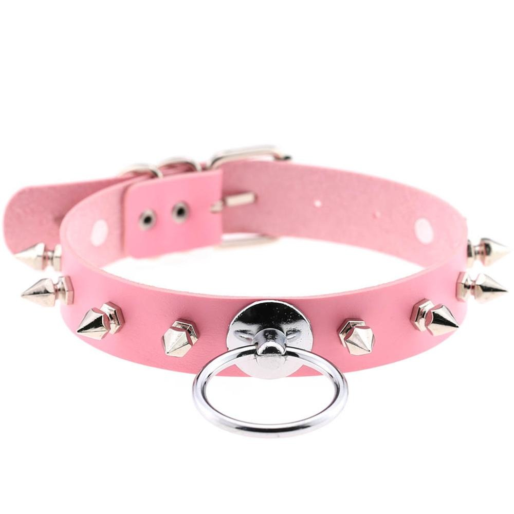 Unisex PU Leather Punk Choker With Metal Spikes And Ring / Adjustable Necklace / Studded Jewelry