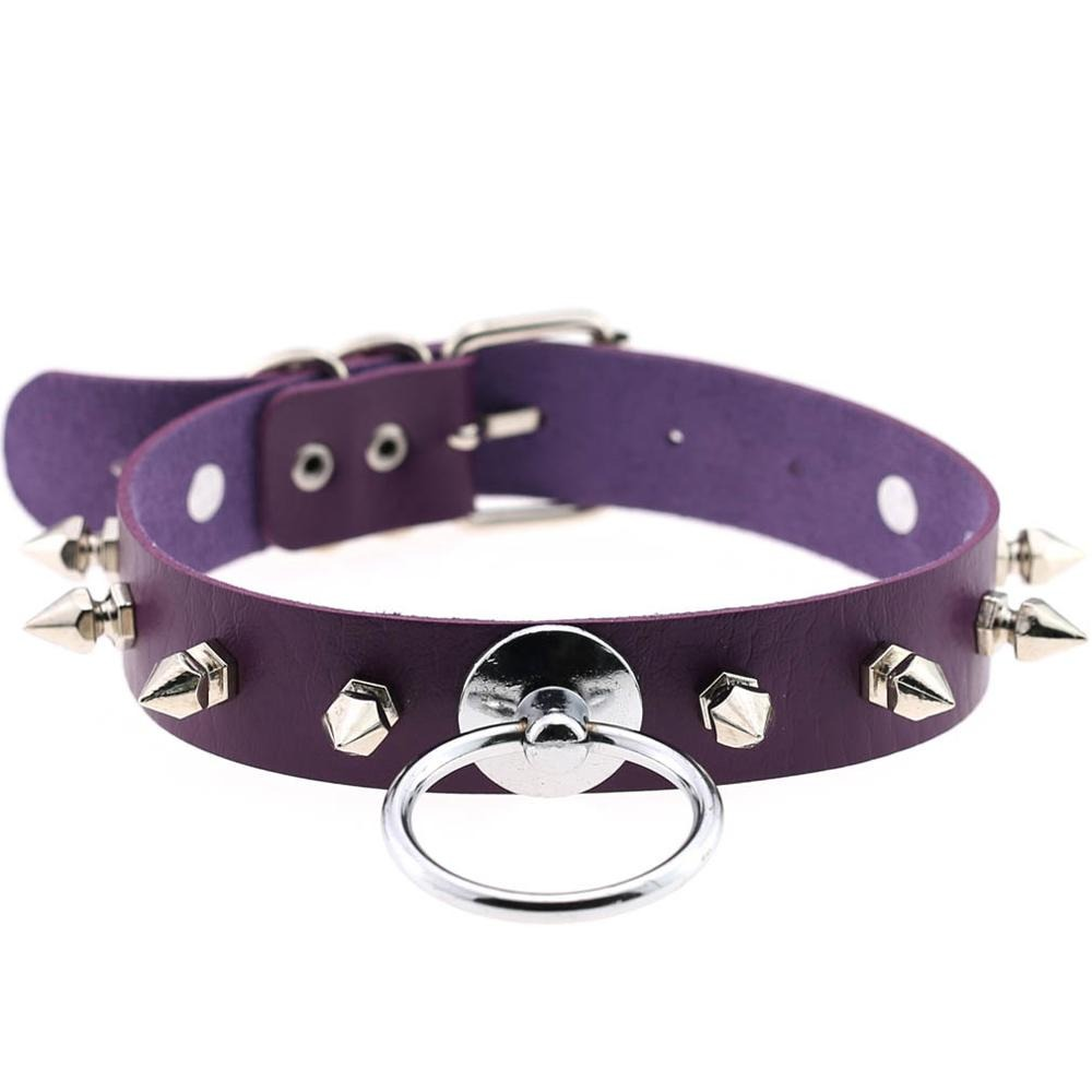 Unisex PU Leather Punk Choker With Metal Spikes And Ring / Adjustable Necklace / Studded Jewelry