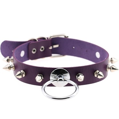 Unisex PU Leather Punk Choker With Metal Spikes And Ring / Adjustable Necklace / Studded Jewelry