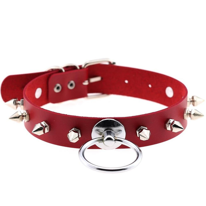 Unisex PU Leather Punk Choker With Metal Spikes And Ring / Adjustable Necklace / Studded Jewelry