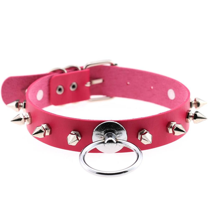 Unisex PU Leather Punk Choker With Metal Spikes And Ring / Adjustable Necklace / Studded Jewelry