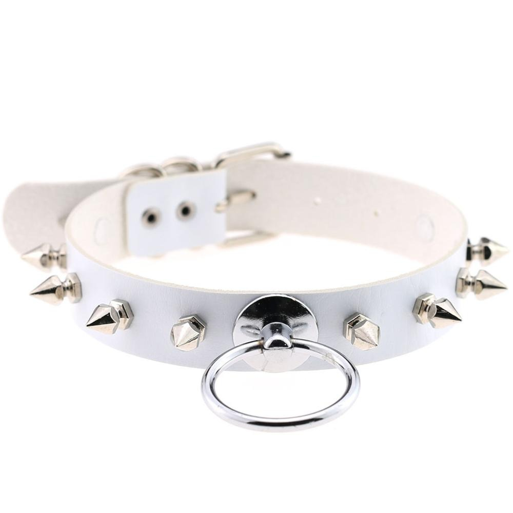 Unisex PU Leather Punk Choker With Metal Spikes And Ring / Adjustable Necklace / Studded Jewelry