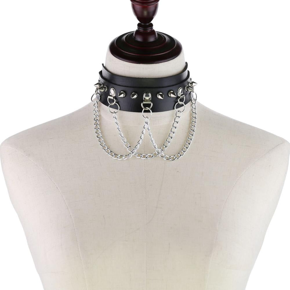 Vegan Leather Gothic Choker With Zinc Alloy Chain / Sexy Spiked Collar / Festival Jewelry