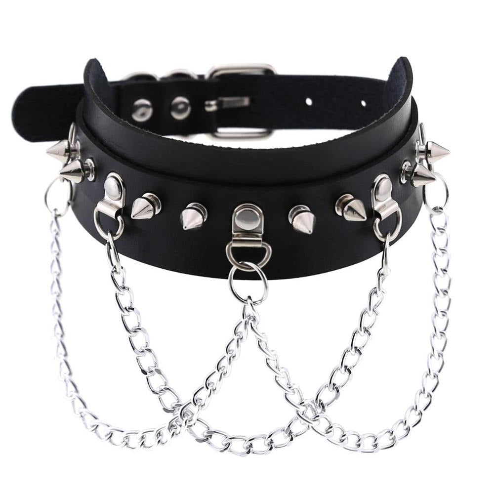 Vegan Leather Gothic Choker With Zinc Alloy Chain / Sexy Spiked Collar / Festival Jewelry