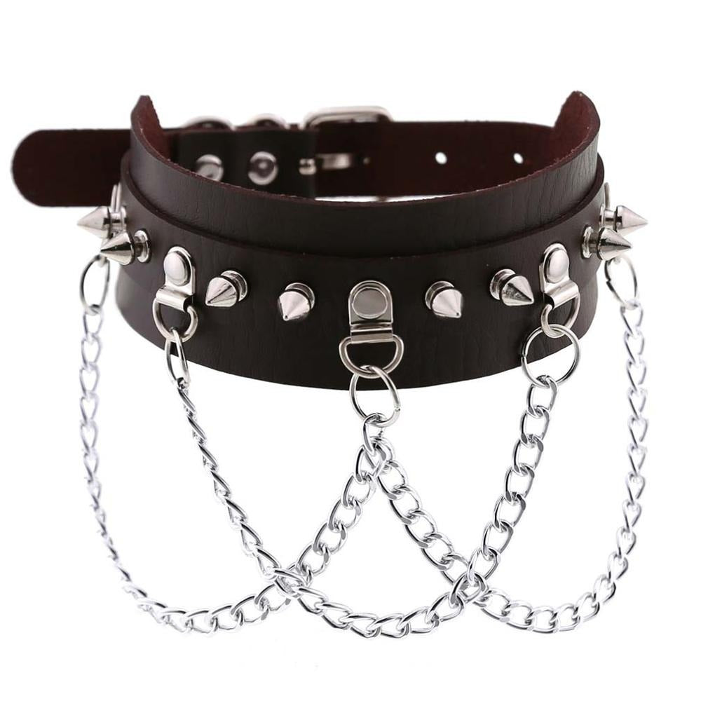 Vegan Leather Gothic Choker With Zinc Alloy Chain / Sexy Spiked Collar / Festival Jewelry