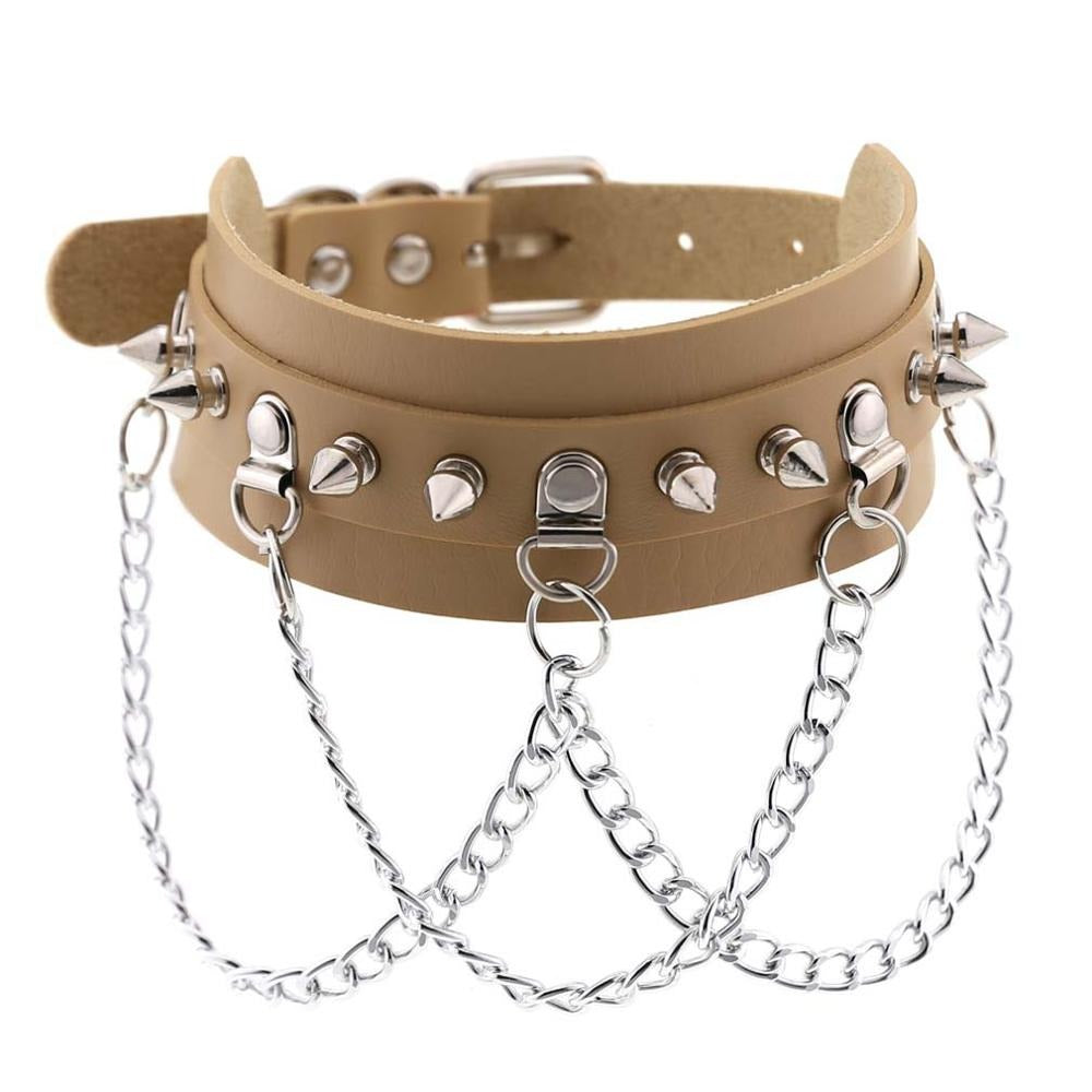 Vegan Leather Gothic Choker With Zinc Alloy Chain / Sexy Spiked Collar / Festival Jewelry