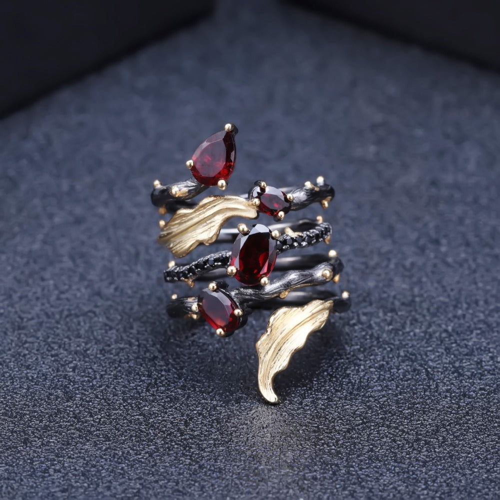 Vintage Design Sterling Silver Neo Gothic Red Garnet Ring