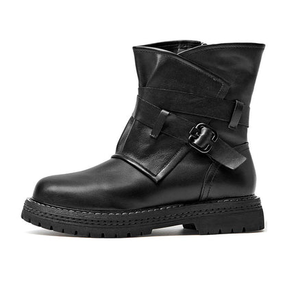 Wide Calf Genuine Leather Ankle Boots / Vintage Martin Boots for Women in Rock Style with Buckle