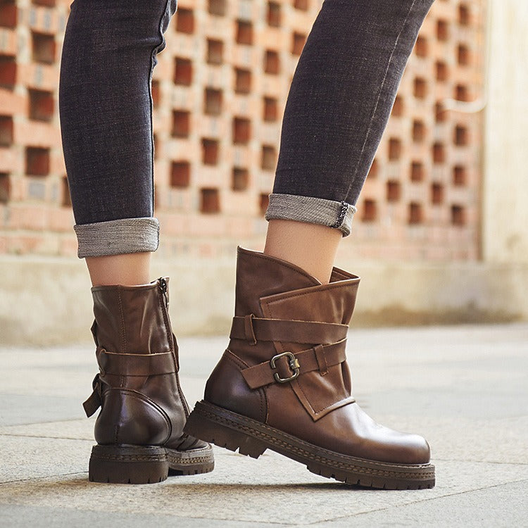 Wide Calf Genuine Leather Ankle Boots / Vintage Martin Boots for Women in Rock Style with Buckle