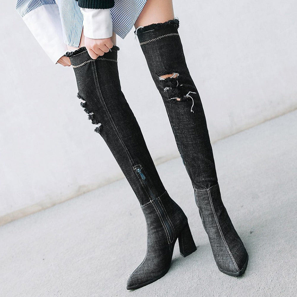 Women Denim Sexy Thin High Heel Boots / Ladies Over The Knee Long Boots / Aesthetic Shoes