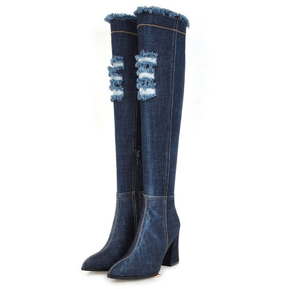 Women Denim Sexy Thin High Heel Boots / Ladies Over The Knee Long Boots / Aesthetic Shoes