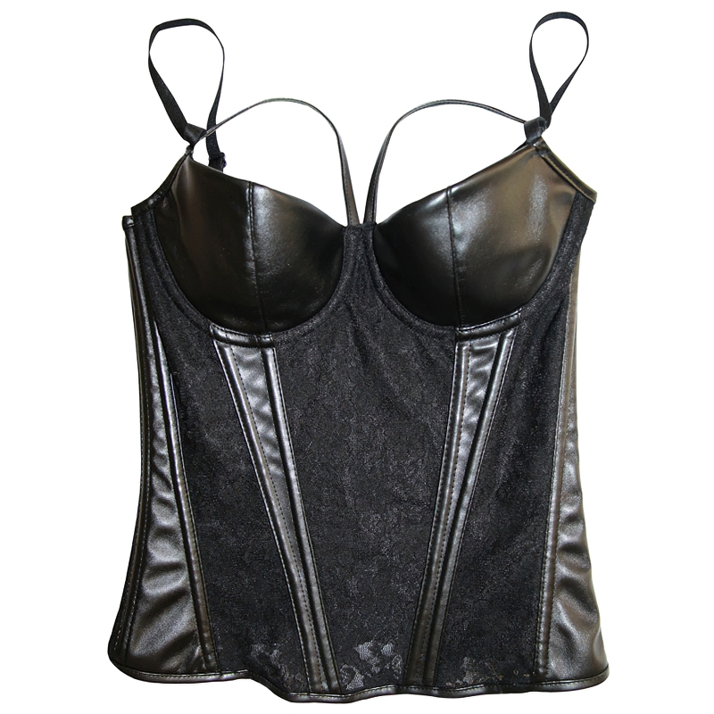 Women Gothic Corset Bustier / Ladies Sexy Hollow Out Lace Bodice And Faux Leather Cupped