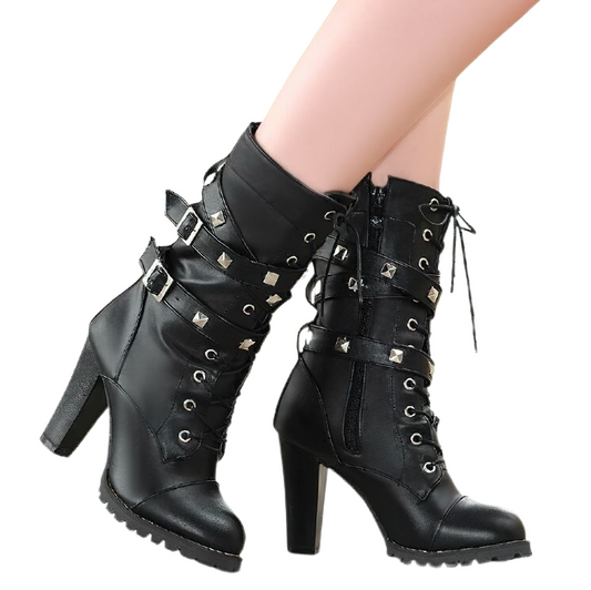 Women Mid Calf Heels Boots Of Rivets And Lace Up / Round Platform Of Buckle And Zipper