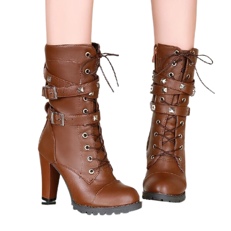 Women Mid Calf Heels Boots Of Rivets And Lace Up / Round Platform Of Buckle And Zipper