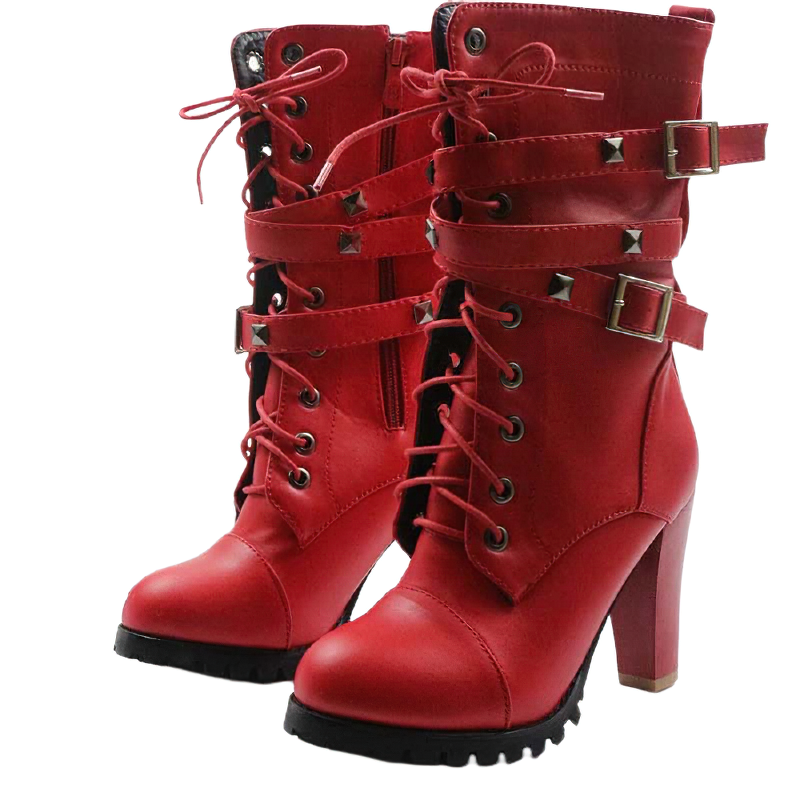 Women Mid Calf Heels Boots Of Rivets And Lace Up / Round Platform Of Buckle And Zipper