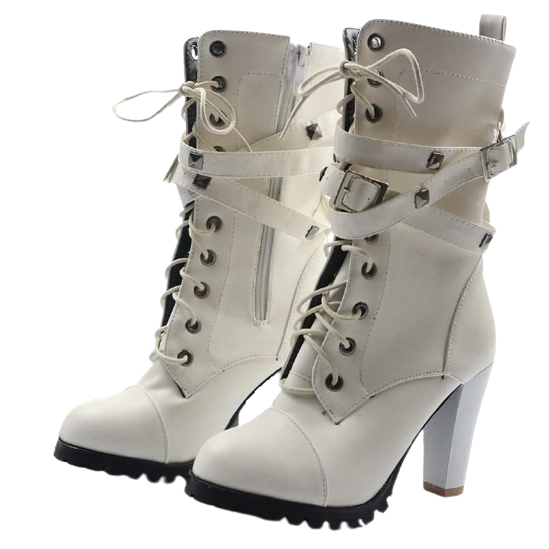 Women Mid Calf Heels Boots Of Rivets And Lace Up / Round Platform Of Buckle And Zipper