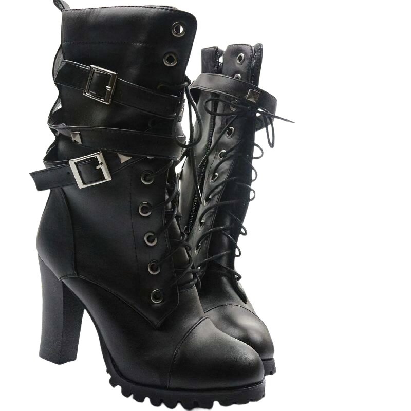 Women Mid Calf Heels Boots Of Rivets And Lace Up / Round Platform Of Buckle And Zipper