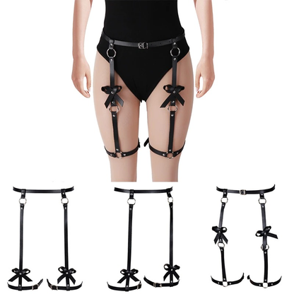 Women PU Leather Body Harness with Bows / Bondage Garter Belt for Legs / Halloween Rave Outfits