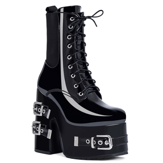 Women's Square High Heels Boots with Buckles on Sole / Gothic Punk Style Black Ankle Shoes