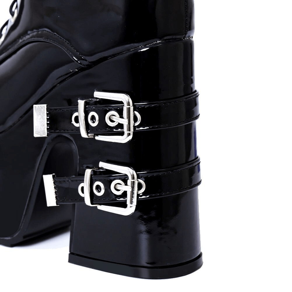 Women's Square High Heels Boots with Buckles on Sole / Gothic Punk Style Black Ankle Shoes