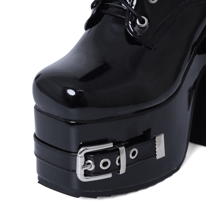 Women's Square High Heels Boots with Buckles on Sole / Gothic Punk Style Black Ankle Shoes