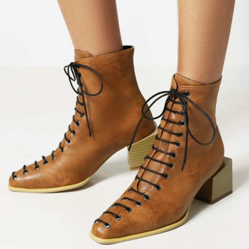 Women Shoes Ankle Boots of Mixed Color on Thick Heels Lace Up / Fashion Female Short Footwear