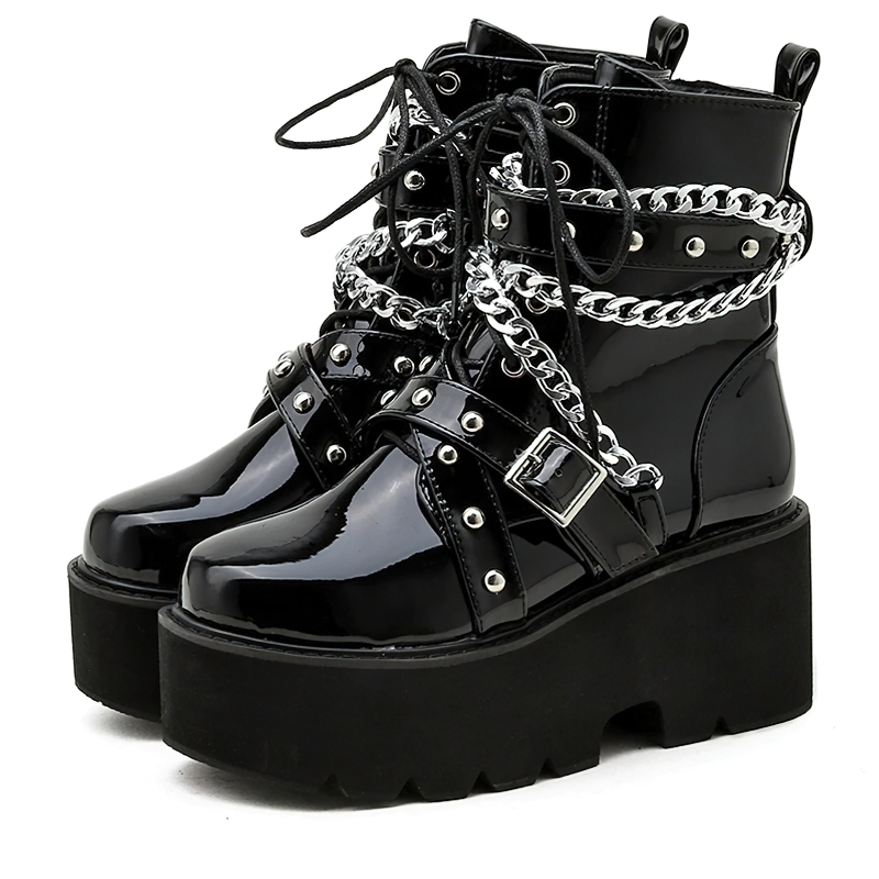 Women Stylish Boots With Chain And Rivets / Footwear Of Square Heel / Short Plush Inside