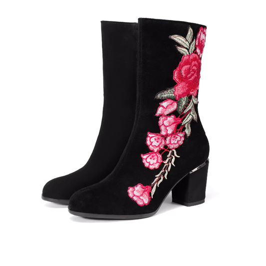 Women's Ankle Boots Genuine Suede Leather with Embroidery Flower / Designer Short High Heel Boots