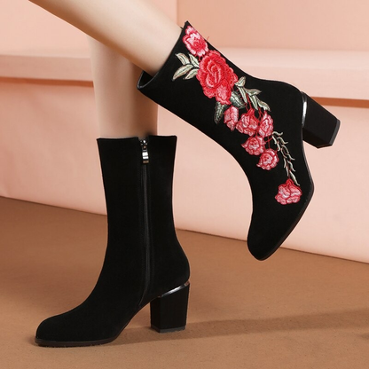 Women's Ankle Boots Genuine Suede Leather with Embroidery Flower / Designer Short High Heel Boots