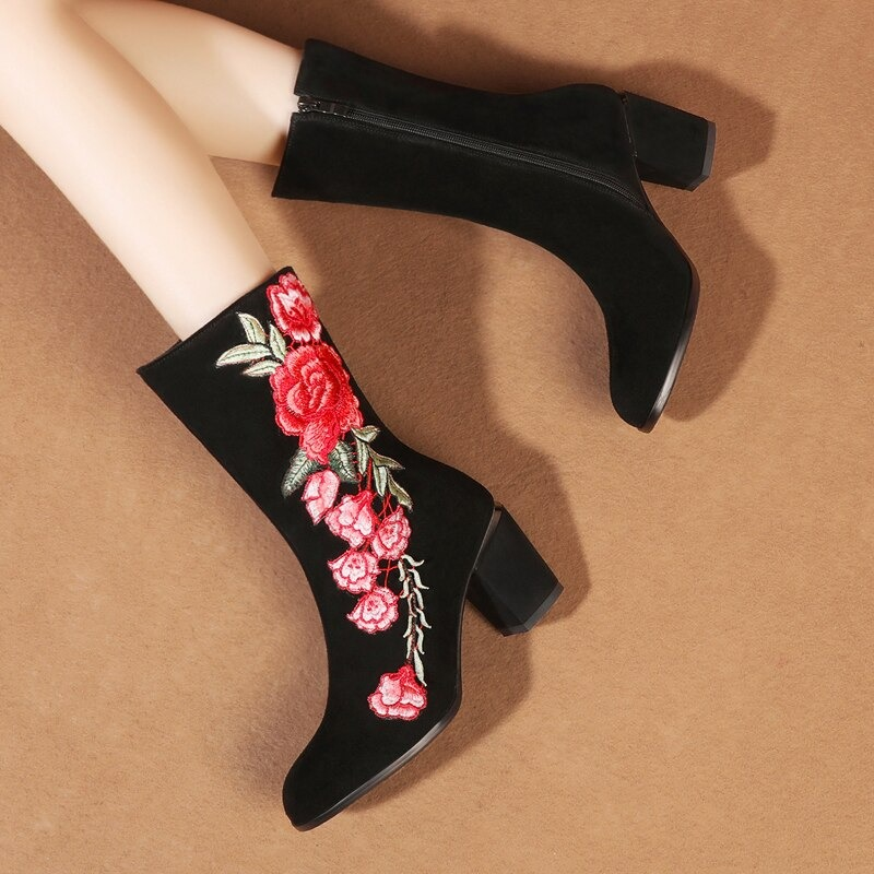 Women's Ankle Boots Genuine Suede Leather with Embroidery Flower / Designer Short High Heel Boots