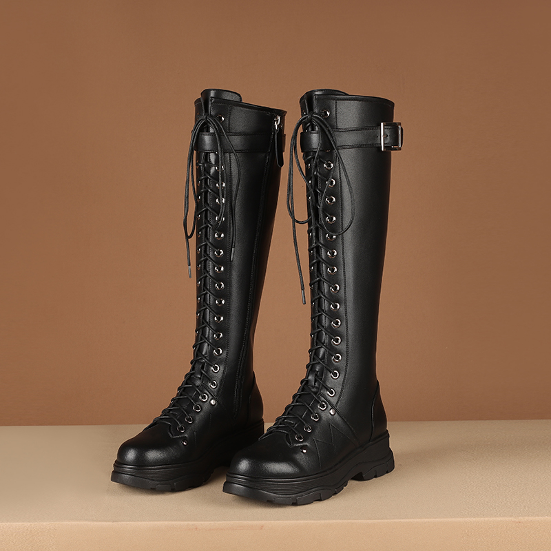 Women's Autumn-Winter Knee-High Motorcycle Boots / Genuine Leather Square Heel Platform