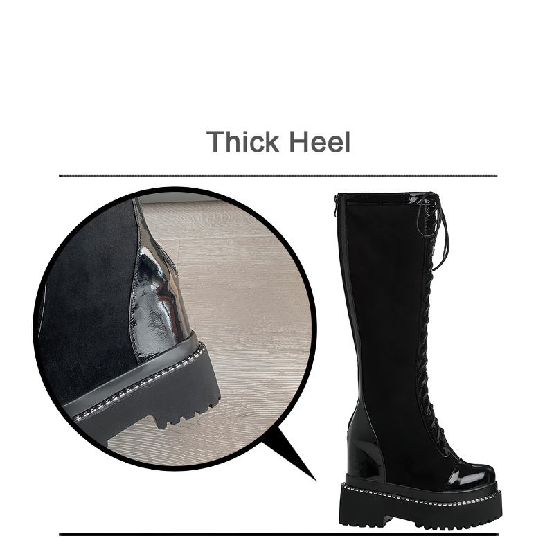 Women's Black Boots in British Style / Female Over-the-Knee Long Boots with Thick Bottom