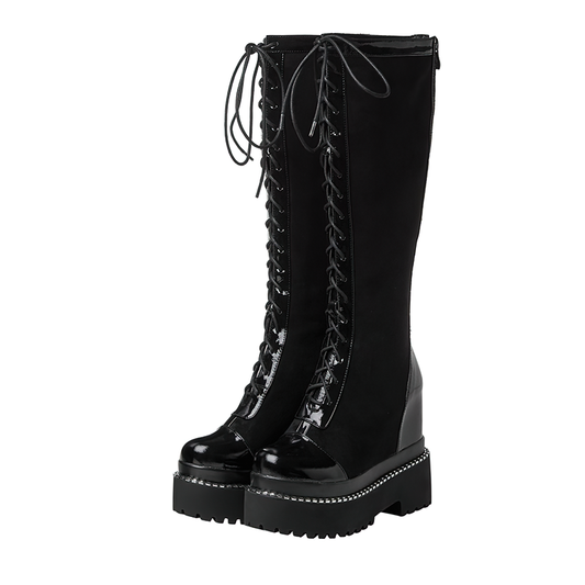 Women's Black Boots in British Style / Female Over-the-Knee Long Boots with Thick Bottom