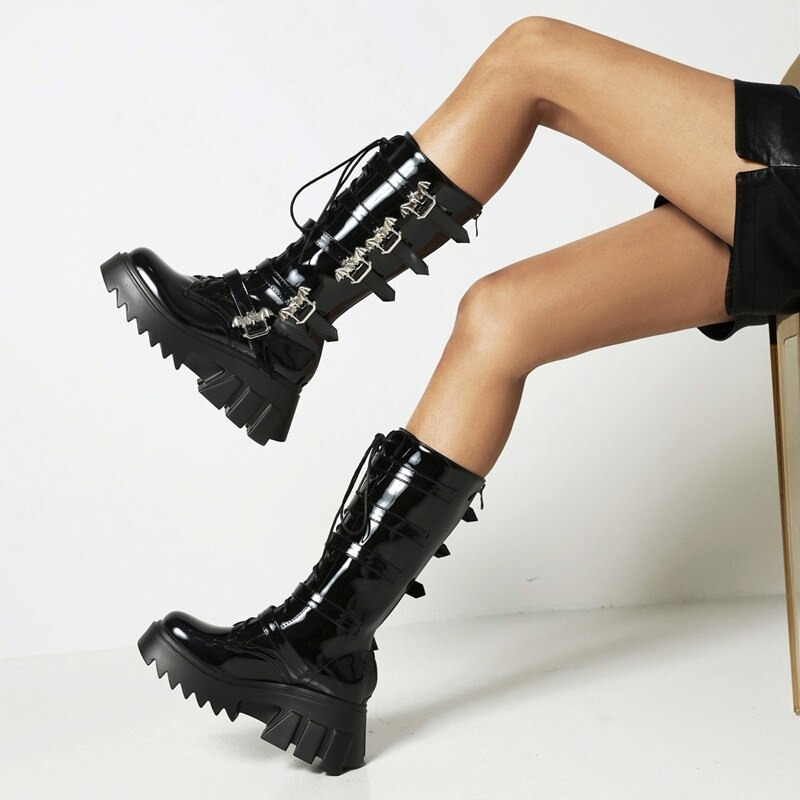 Women's Black Platform Thigh Warm Boots with Bat Buckles / Fashion Mid Calf Patent Leather Boots