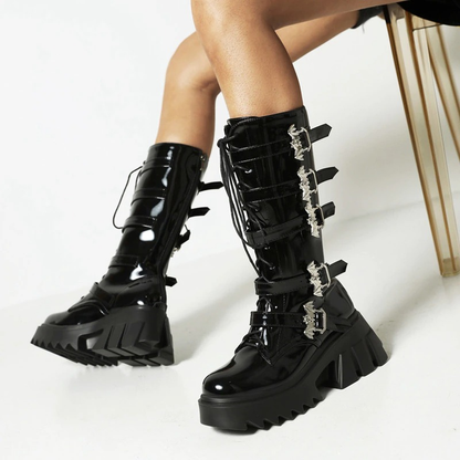 Women's Black Platform Thigh Warm Boots with Bat Buckles / Fashion Mid Calf Patent Leather Boots