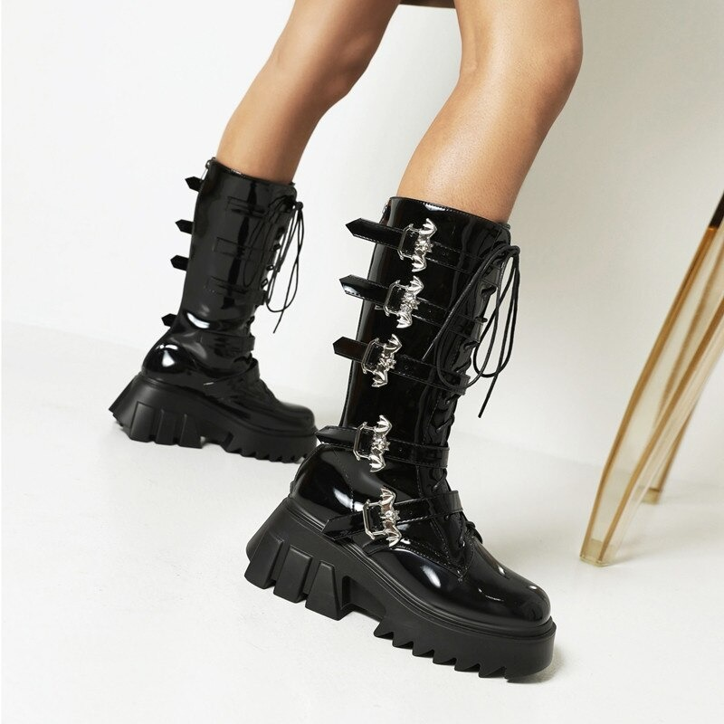 Women's Black Platform Thigh Warm Boots with Bat Buckles / Fashion Mid Calf Patent Leather Boots