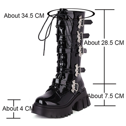 Women's Black Platform Thigh Warm Boots with Bat Buckles / Fashion Mid Calf Patent Leather Boots