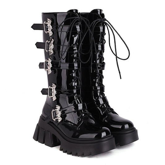 Women's Black Platform Thigh Warm Boots with Bat Buckles / Fashion Mid Calf Patent Leather Boots