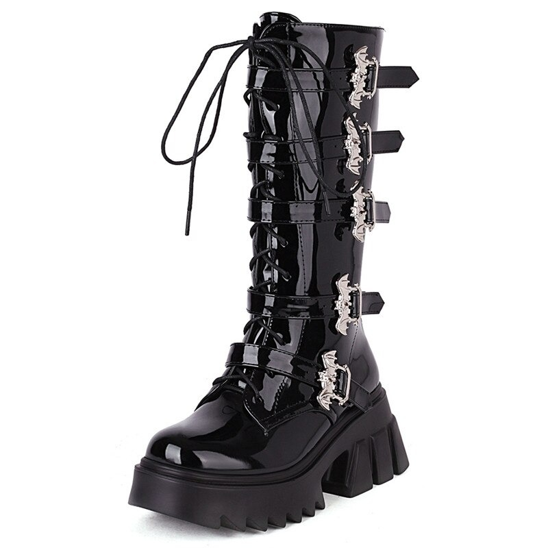 Women's Black Platform Thigh Warm Boots with Bat Buckles / Fashion Mid Calf Patent Leather Boots